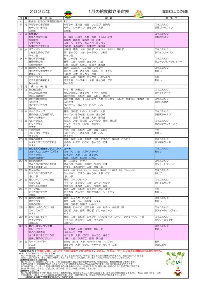 献立表(１月）のサムネイル